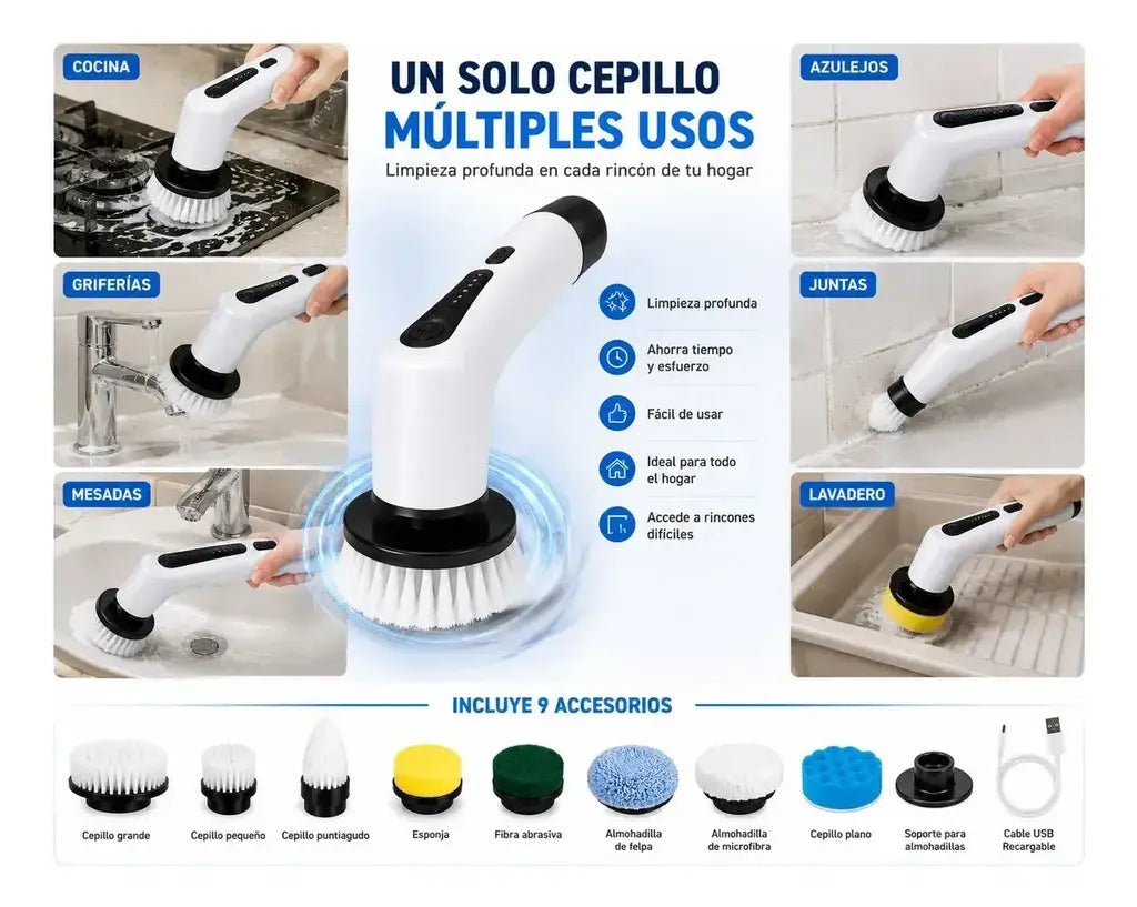 Cepillo Electrico Limpieza 9 En 1 Multiusos Usb Hogar Auto