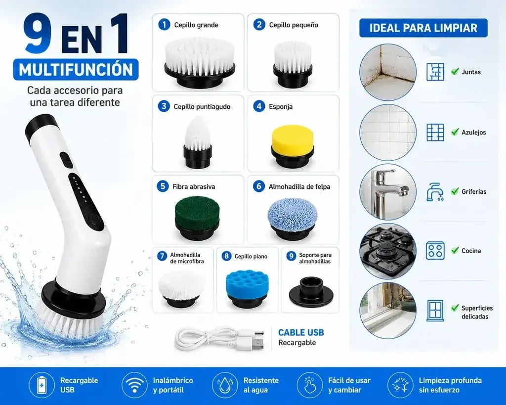 Cepillo Electrico Limpieza 9 En 1 Multiusos Usb Hogar Auto